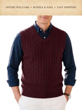 Men's V-Neck Sleeveless Cable Knit Sweater Vest Lightweight Layering